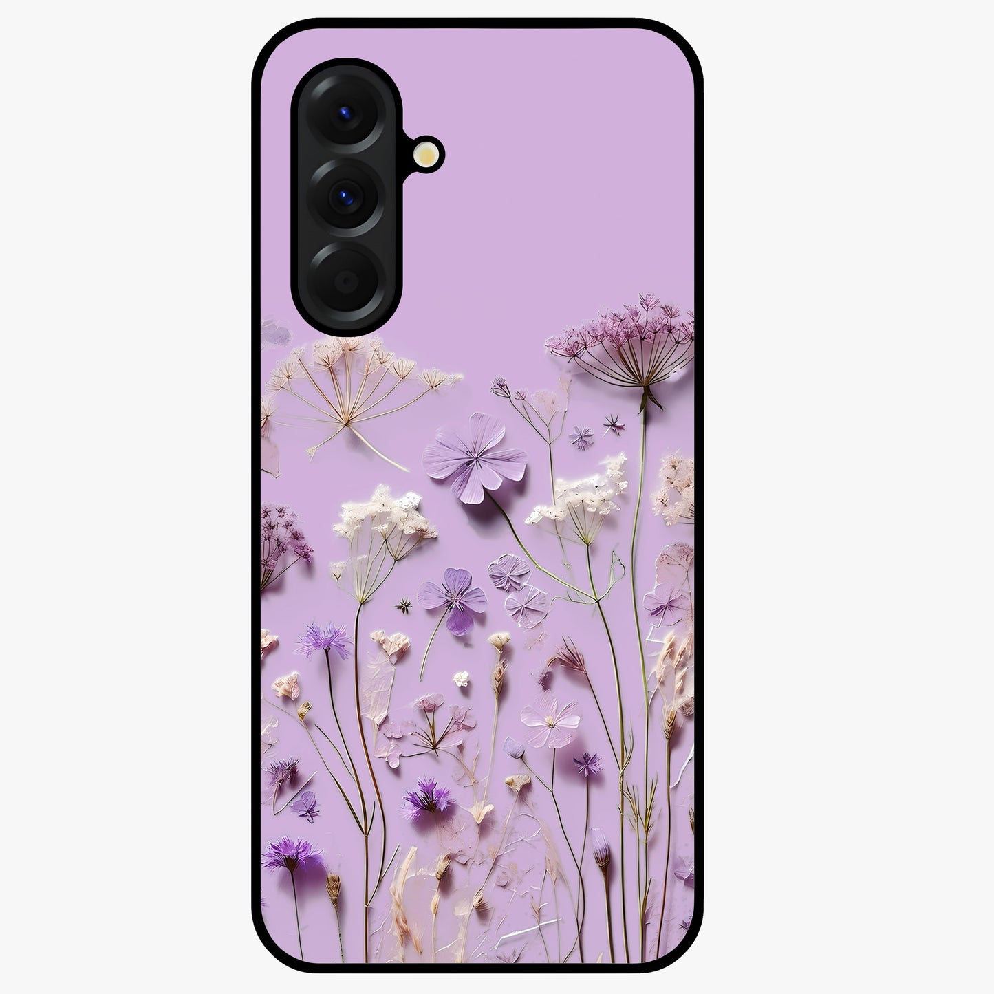 Lavender Blossom Dream Glass Case showing flat back view with soft lavender floral artwork and glossy glass finish.