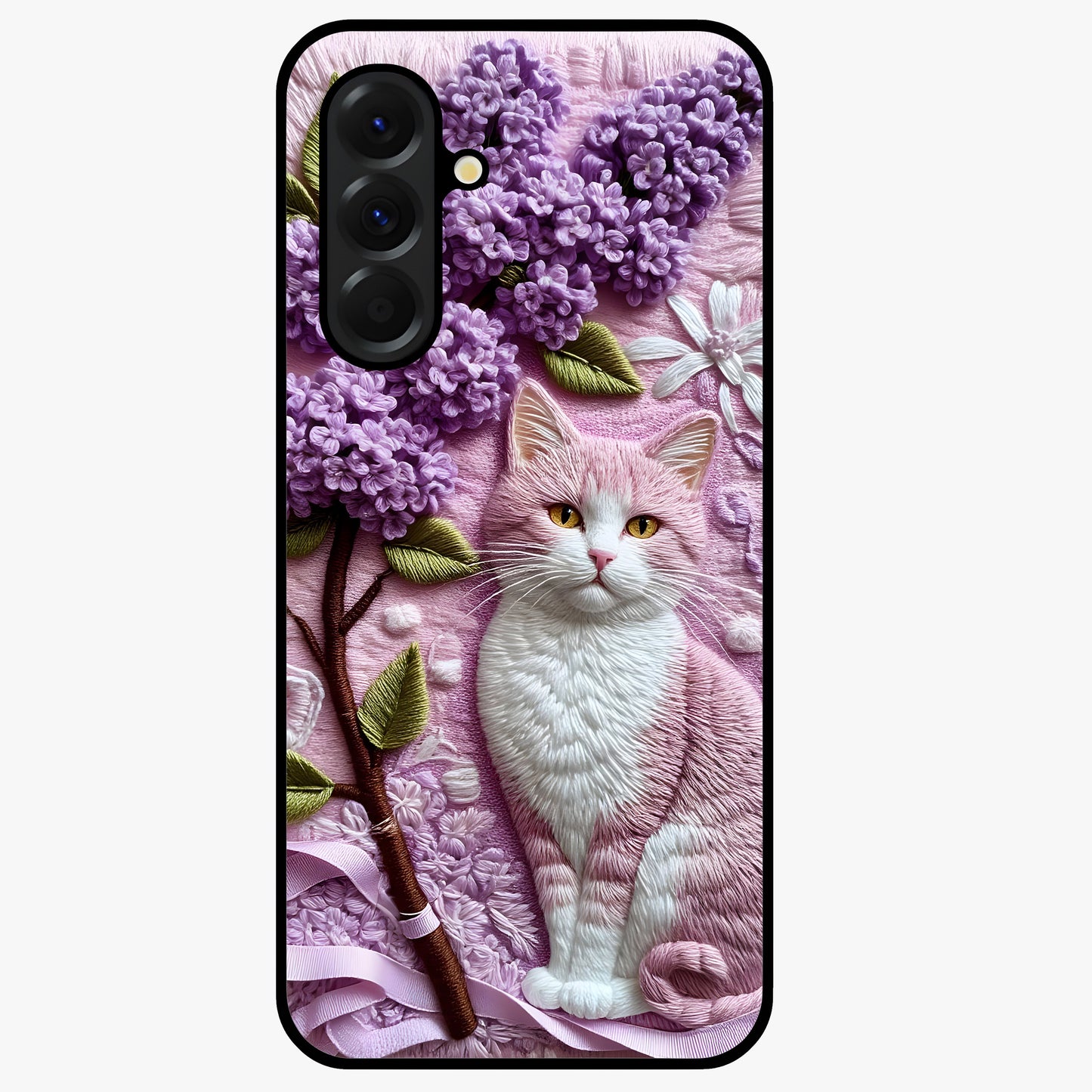 Lavender Cat Whimsy Glass Case showing flat back view with cute lavender cat artwork and glossy glass finish.