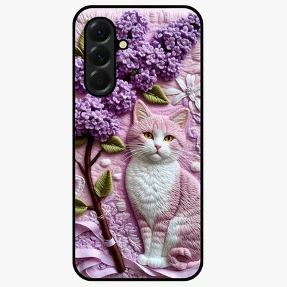 Lavender Cat Whimsy Glass Case showing flat back view with cute lavender cat artwork and glossy glass finish.