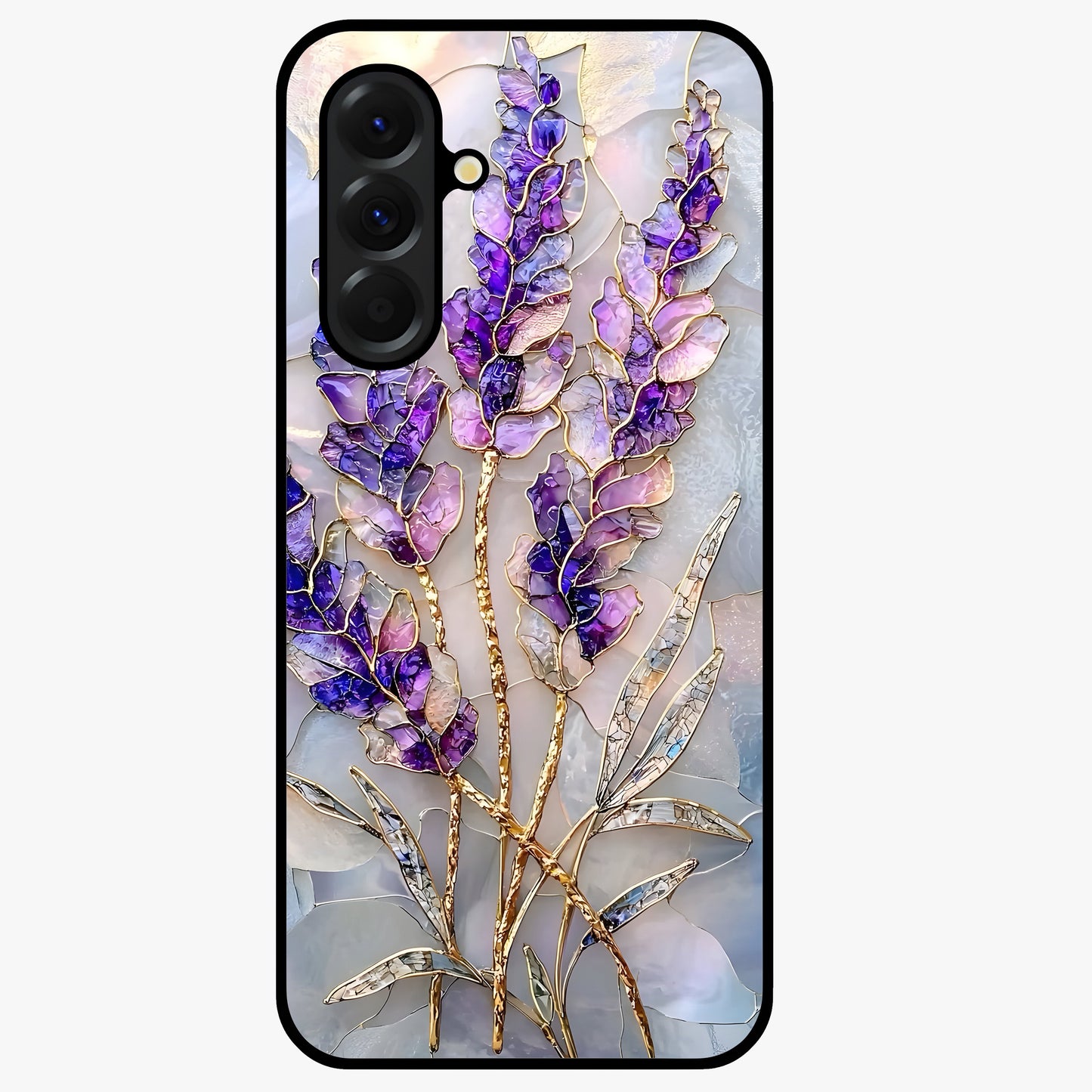 Lavender Dream Glow Glass Case showing flat back view with glowing lavender aesthetic artwork and glossy glass finish.