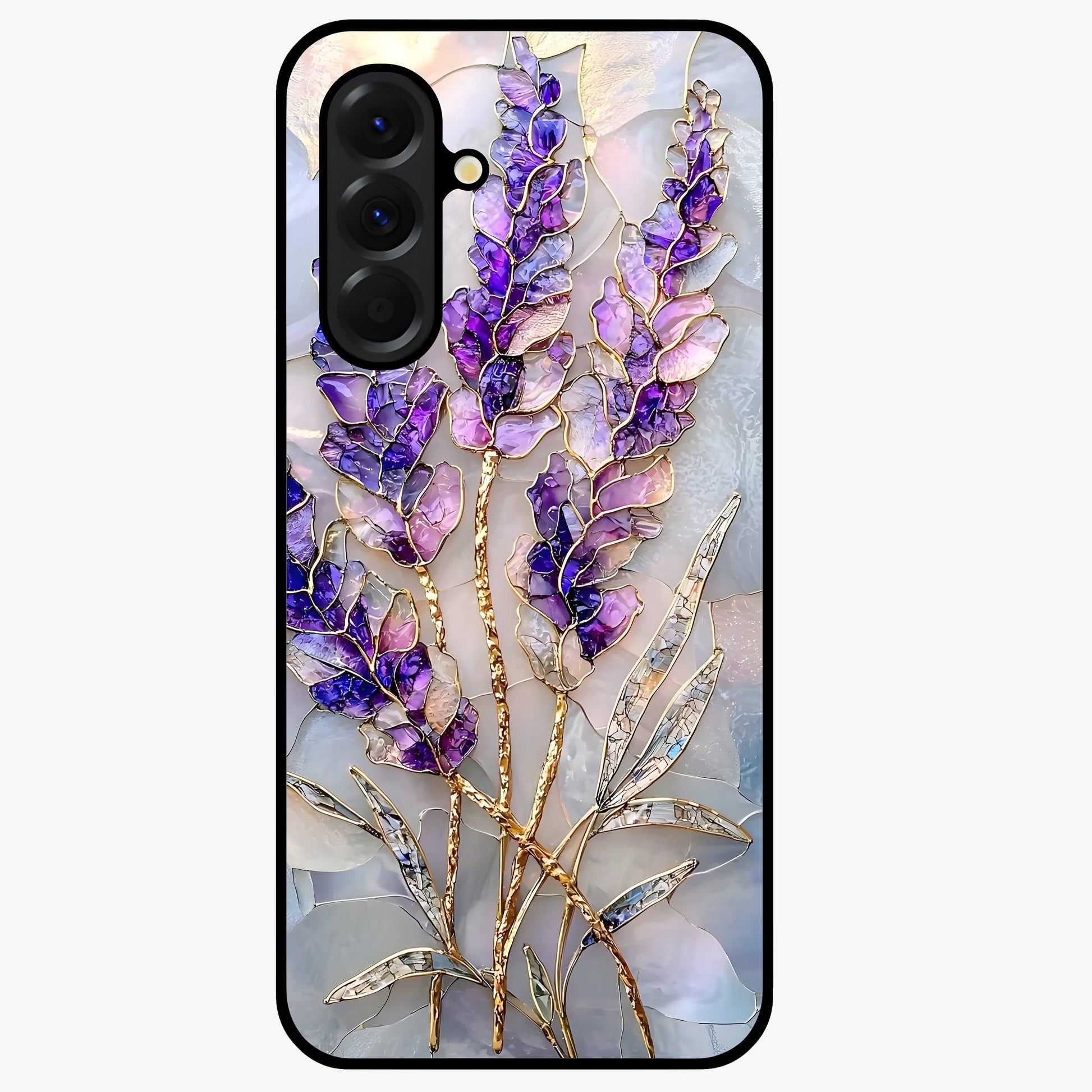 Lavender Dream Glow Glass Case showing flat back view with glowing lavender aesthetic artwork and glossy glass finish.