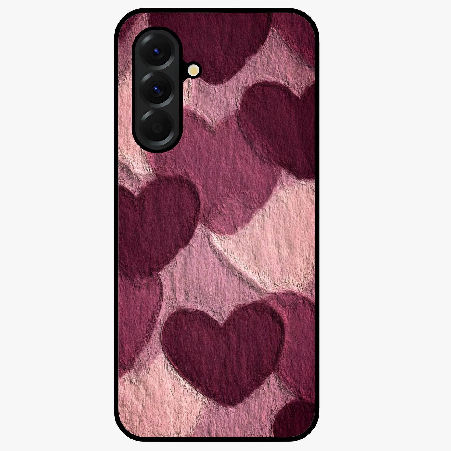 Layered Paper Hearts Glass Case showing flat back view with layered paper heart artwork and glossy glass finish.