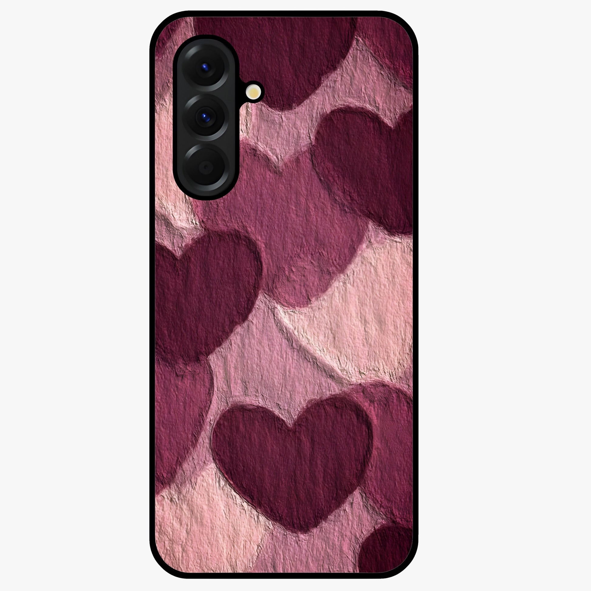 Layered Paper Hearts Glass Case showing flat back view with layered paper heart artwork and glossy glass finish.