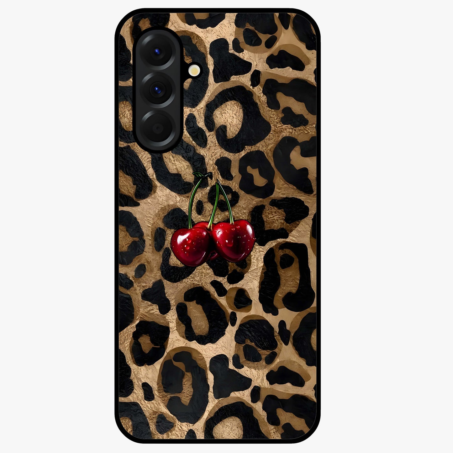 Leopard Wild Cherry Glass Case showing flat back view with leopard pattern and cherry artwork and glossy glass finish.