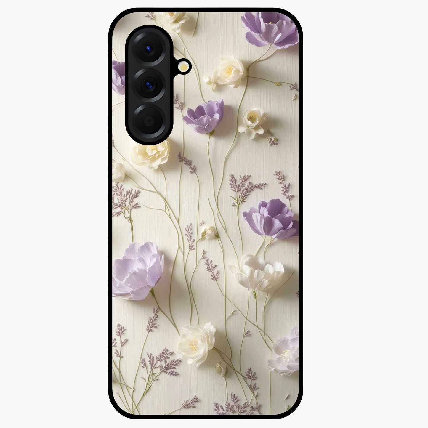 Lilac Breeze Harmony Glass Case showing flat back view with soft lilac themed artwork and glossy glass finish.