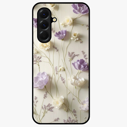 Lilac Breeze Harmony Glass Case showing flat back view with soft lilac themed artwork and glossy glass finish.