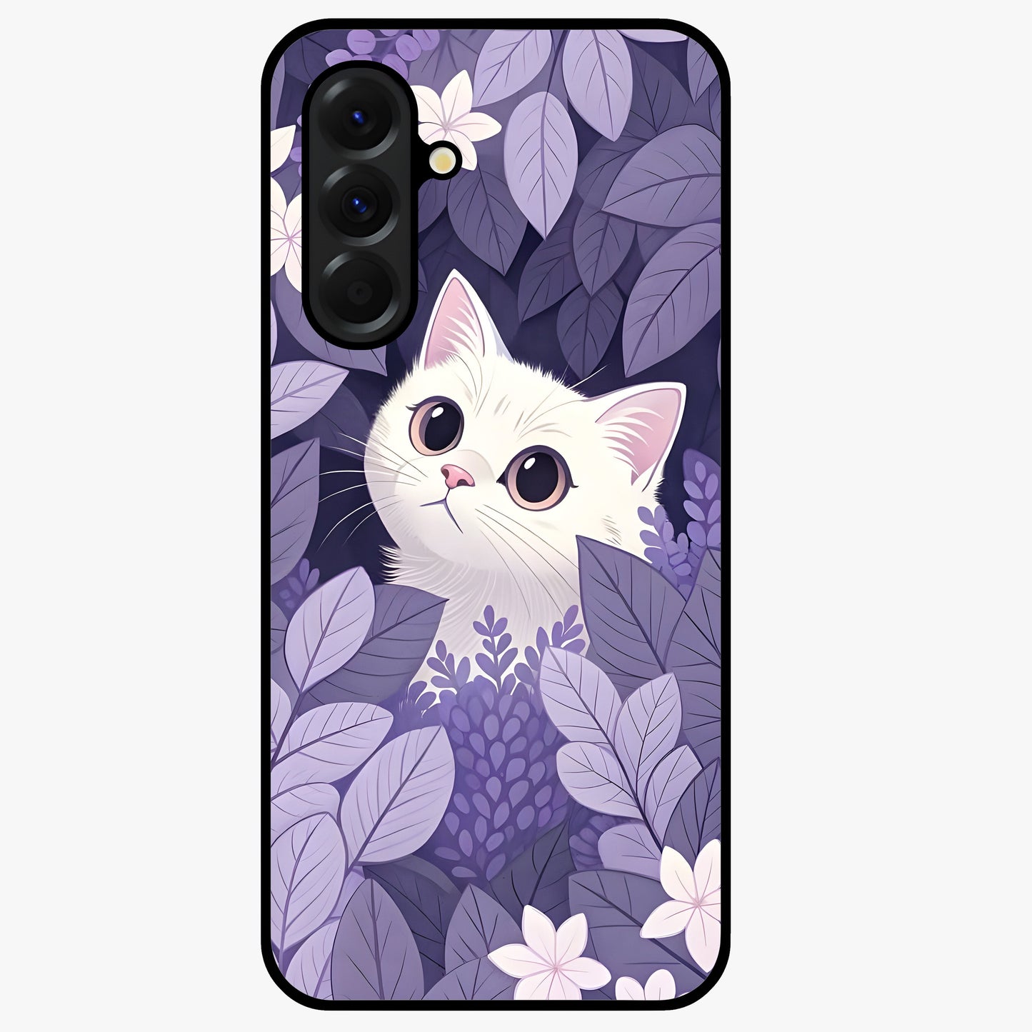 Lilac Hide Peek Cat Glass Case showing flat back view with cute peeking cat artwork and glossy glass finish.