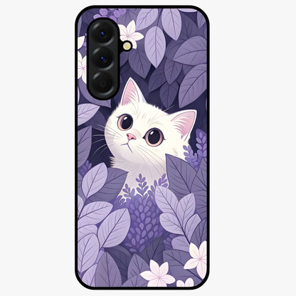 Lilac Hide Peek Cat Glass Case showing flat back view with cute peeking cat artwork and glossy glass finish.