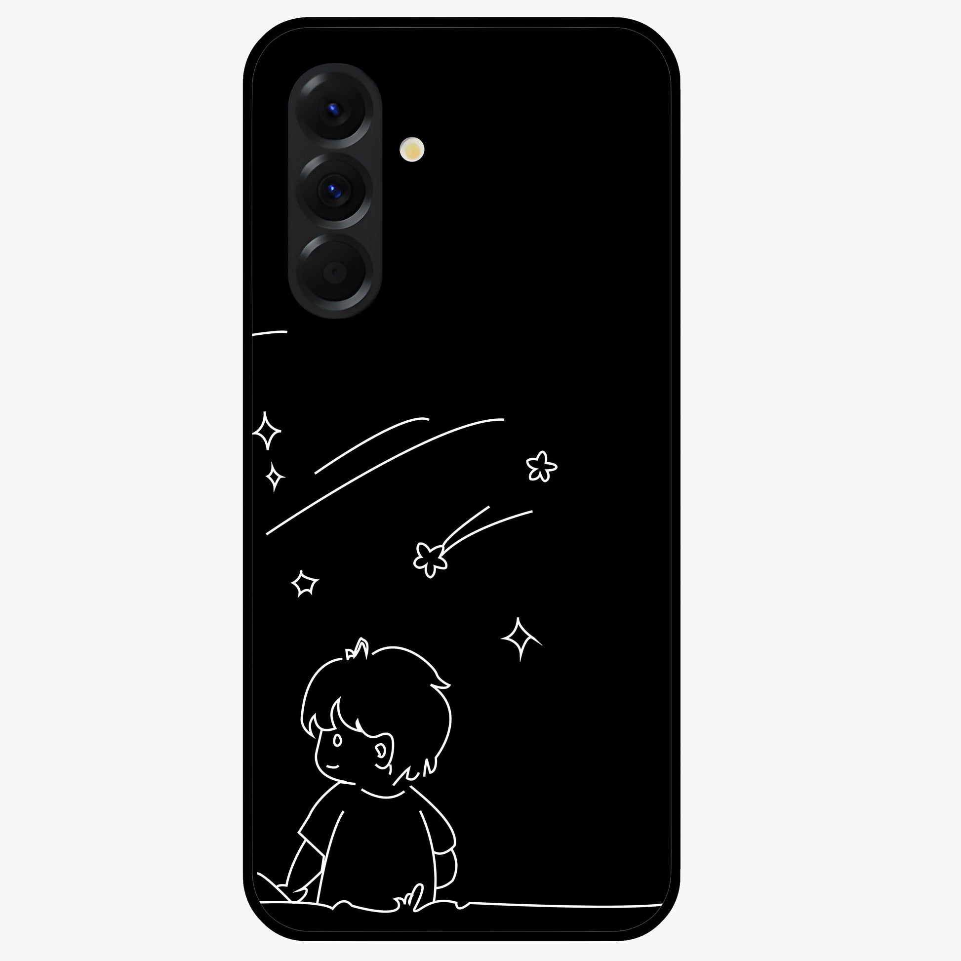 Line Art Boy With Shooting Stars Glass Case showing flat back view with minimal line art boy and shooting stars illustration and glossy glass finish.