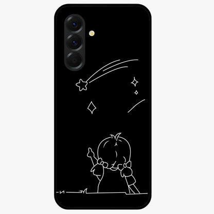 Line Art Girl With Shooting Stars Glass Case showing flat back view with minimal line art girl and shooting stars illustration and glossy glass finish.