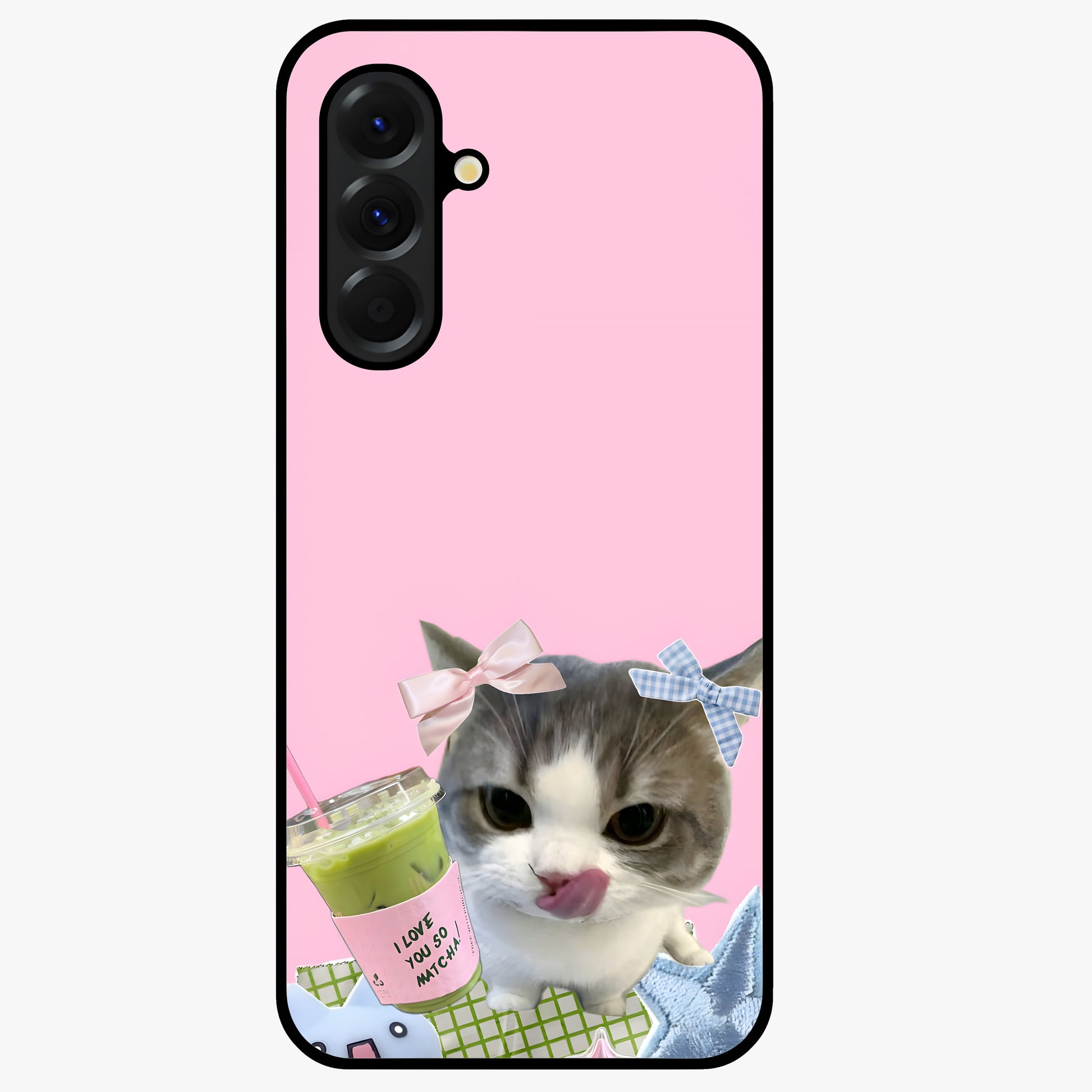 Love Matcha Cat Glass Case showing flat back view with cute cat and matcha themed artwork and glossy glass finish.