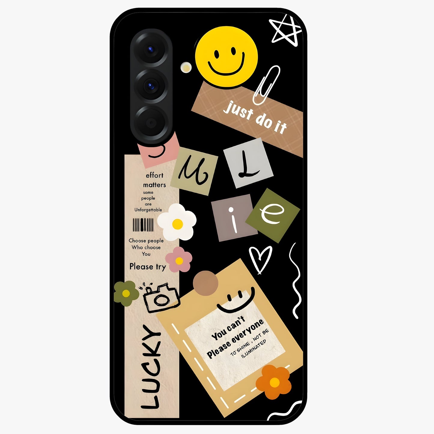 Lucky Aesthetic Collage Glass Case showing flat back view with trendy aesthetic collage artwork and glossy glass finish.