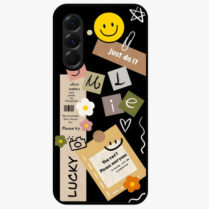 Lucky Aesthetic Collage Glass Case showing flat back view with trendy aesthetic collage artwork and glossy glass finish.