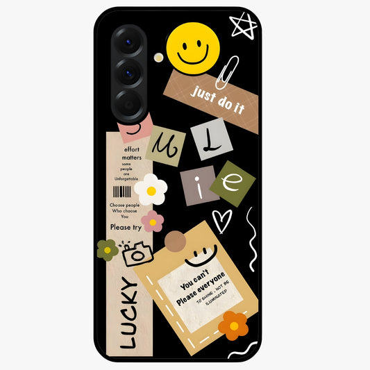 Lucky Aesthetic Collage Glass Case showing flat back view with trendy aesthetic collage artwork and glossy glass finish.