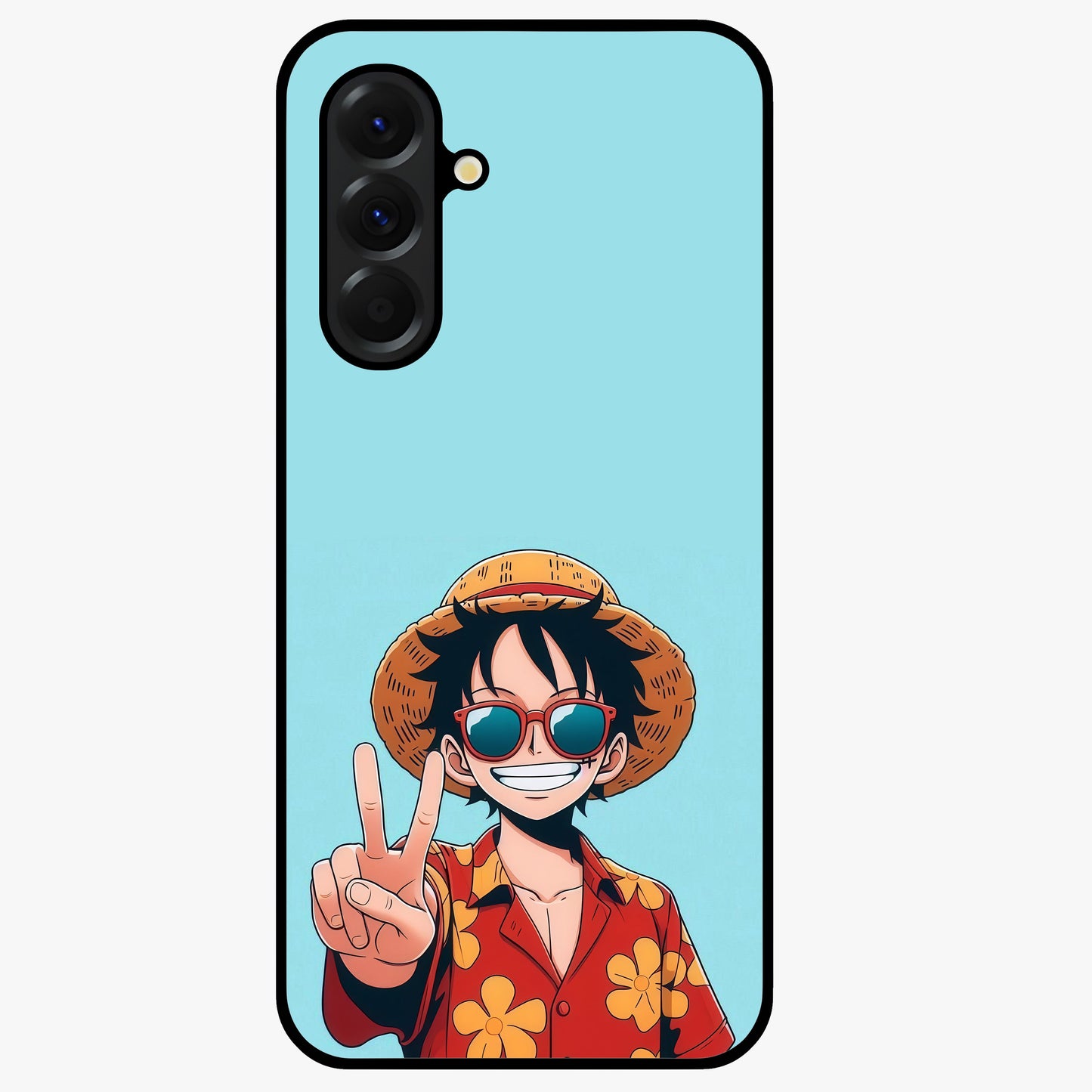 Luffy Summer Anime Vibe Glass Case showing flat back view with vibrant anime character artwork and glossy glass finish.
