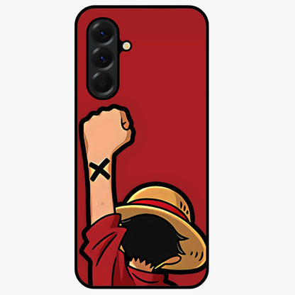 Luffy X Spirit Glass Case showing flat back view with bold anime character artwork and glossy glass finish.