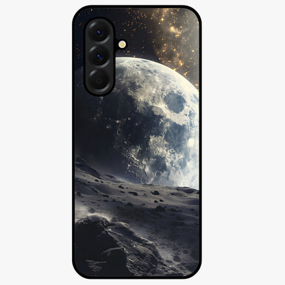 Lunar Horizon Glow Glass Case showing flat back view with glowing moon horizon artwork and glossy glass finish.