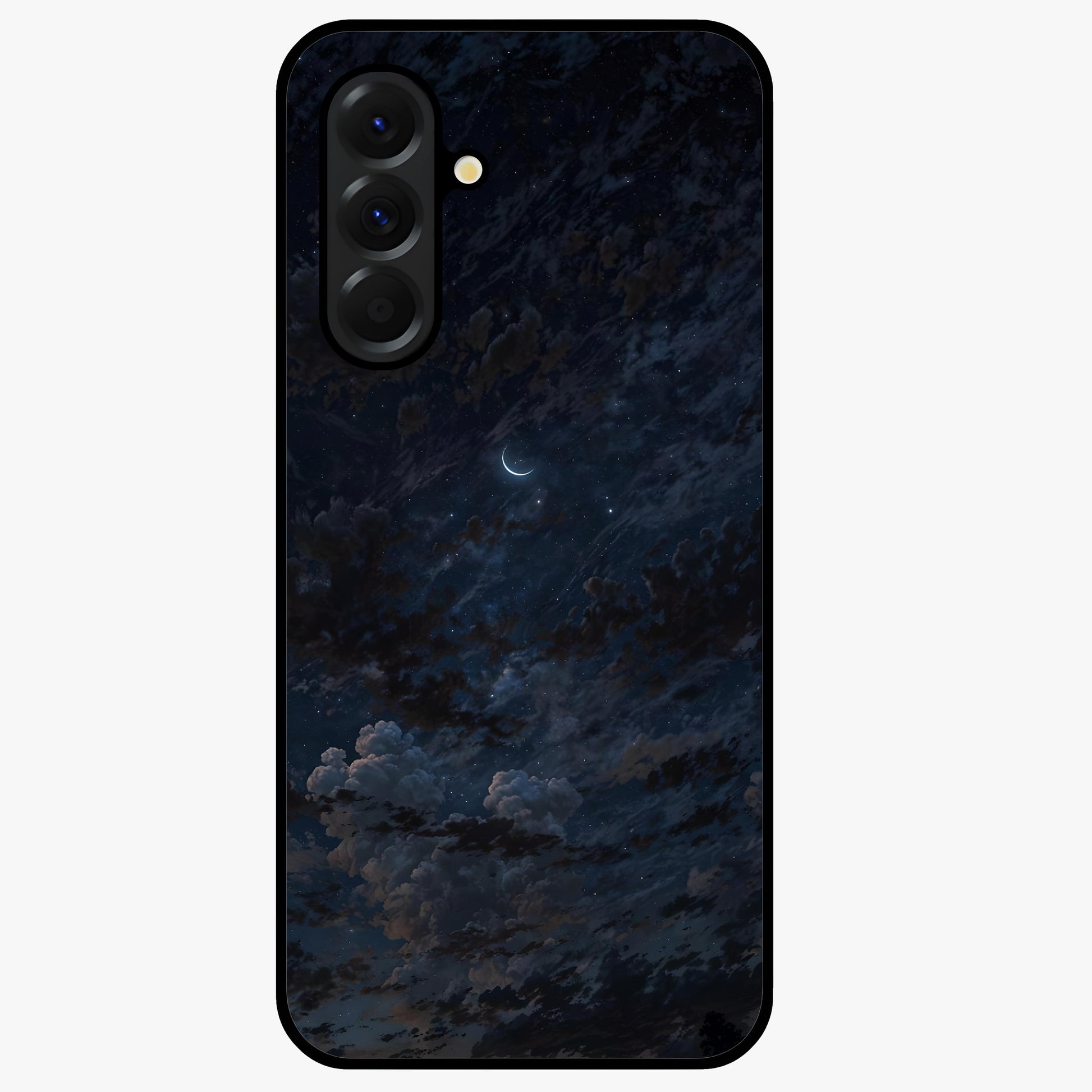 Lunar Veil Silence Glass Case showing flat back view with mystical moon veil artwork and glossy glass finish.
