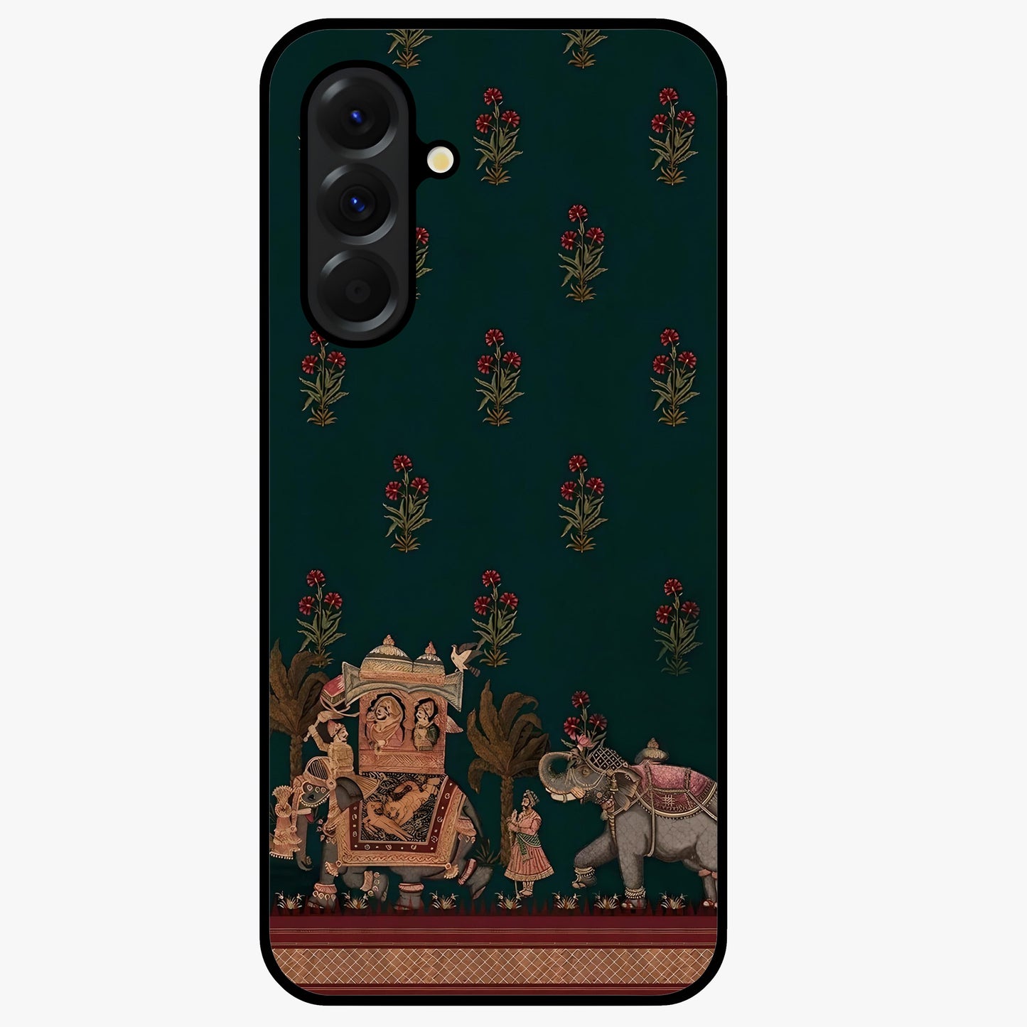 Macmerise Glass Case showing flat back view with stylish modern artwork and glossy glass finish.