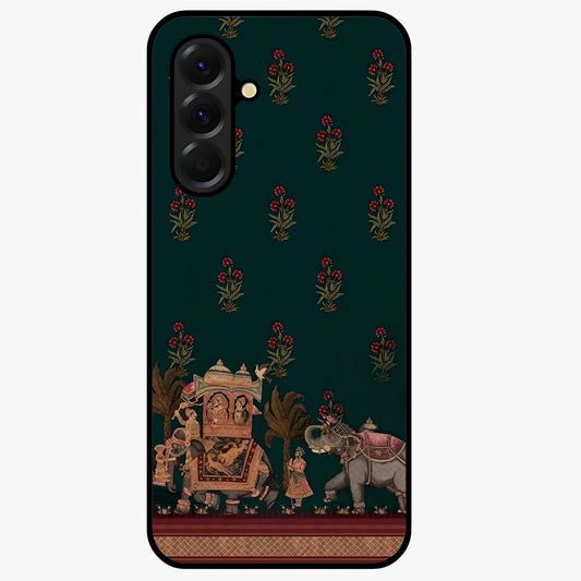 Macmerise Glass Case showing flat back view with stylish modern artwork and glossy glass finish.