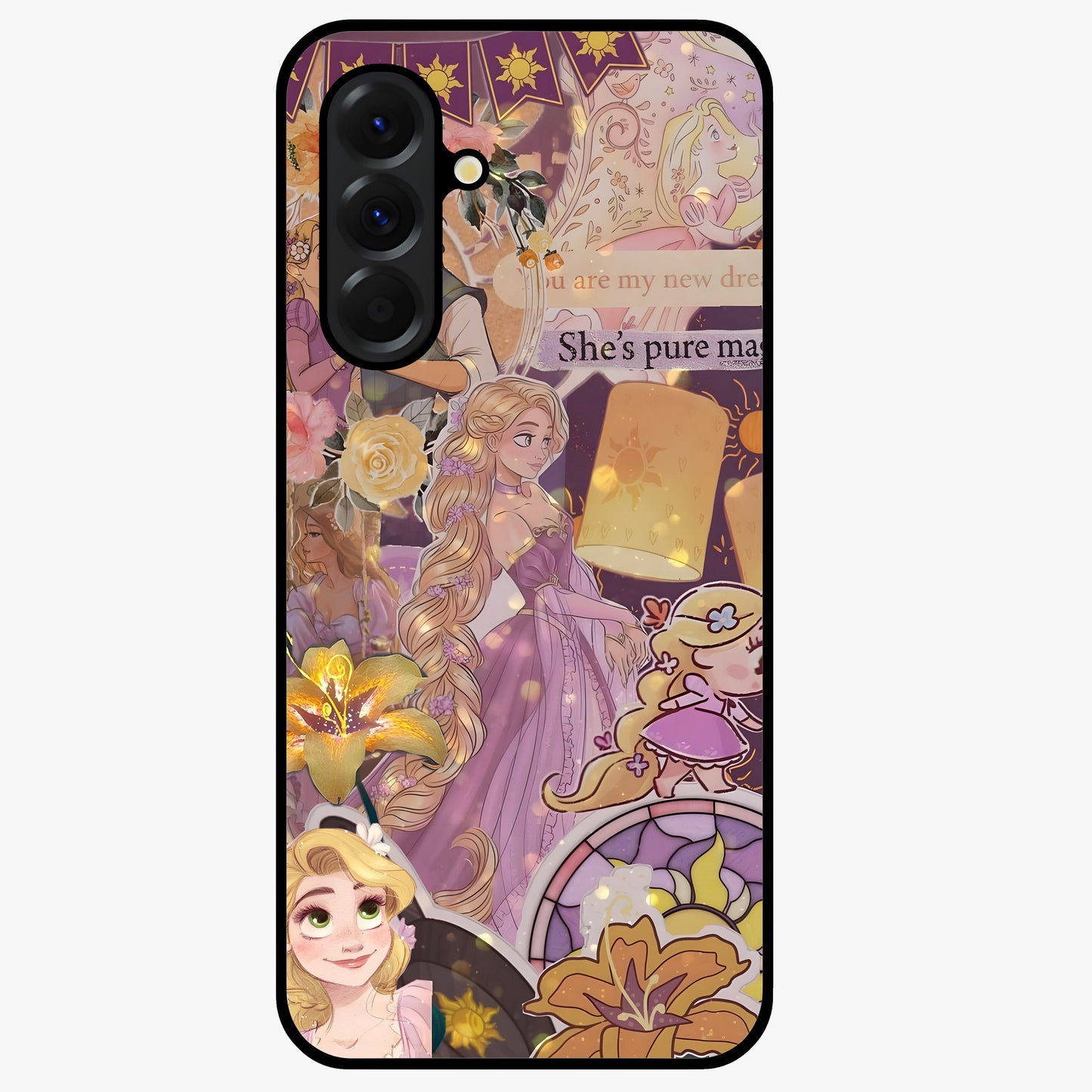 Magical Tangled Dream Glass Case showing flat back view with dreamy tangled artwork and glossy glass finish.