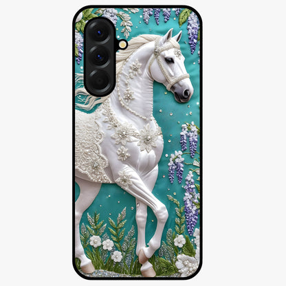 Majestic Floral Stallion Glass Case showing flat back view with powerful horse and floral artwork and glossy glass finish.