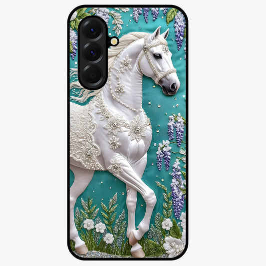 Majestic Floral Stallion Glass Case showing flat back view with powerful horse and floral artwork and glossy glass finish.