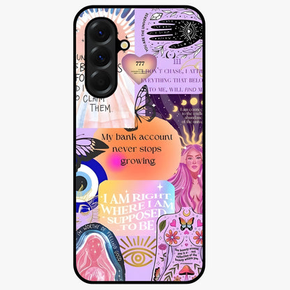 Manifestation Collage Glass Case showing flat back view with motivational collage artwork and glossy glass finish.