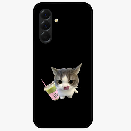 Matcha Cat Style Glass Case showing flat back view with cute matcha themed cat artwork and glossy glass finish.