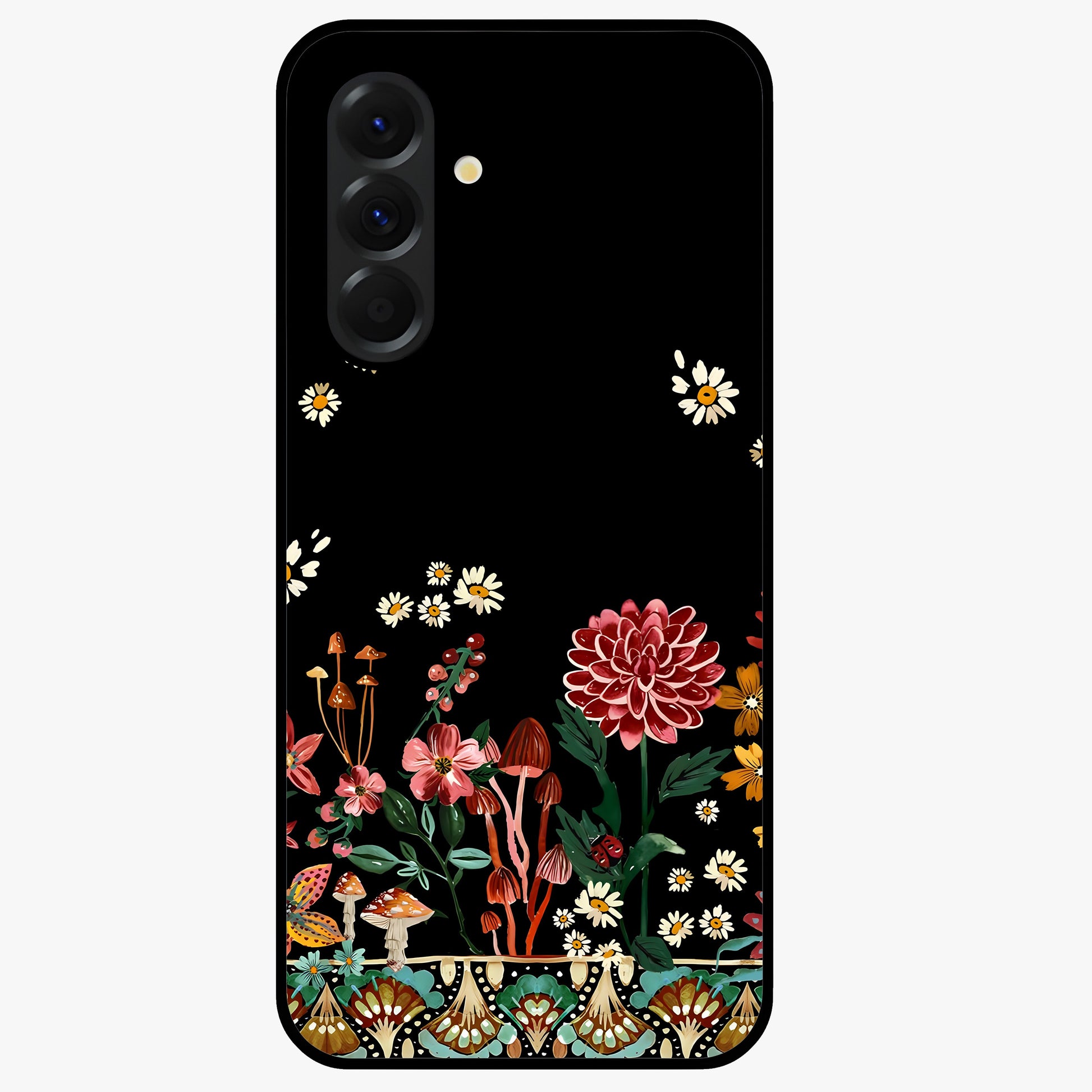 Midnight Bloom Pattern Glass Case showing flat back view with dark floral pattern artwork and glossy glass finish.