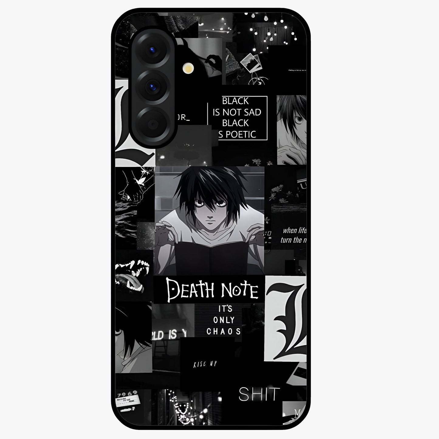 Midnight Chaos Mind Glass Case showing flat back view with abstract dark themed artwork and glossy glass finish.