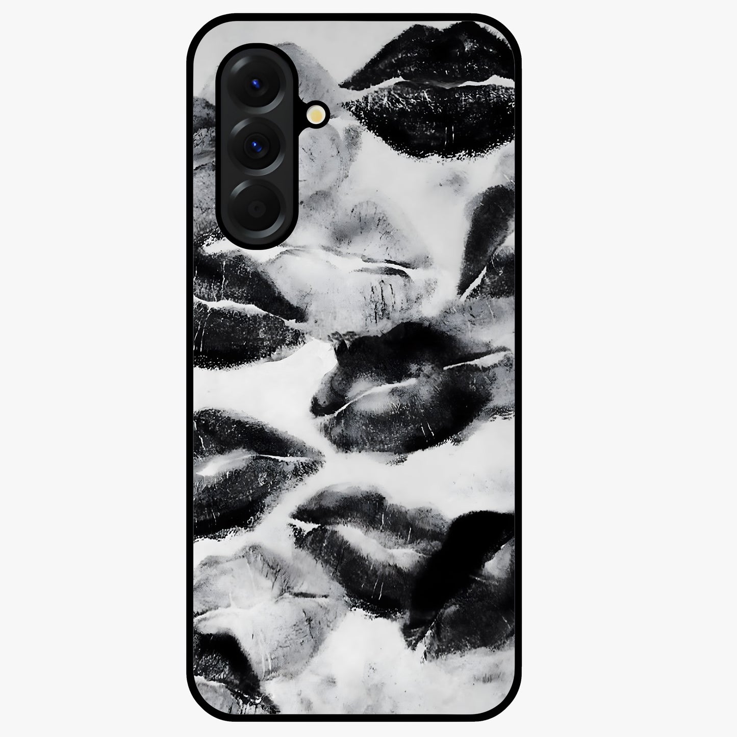 Midnight Kiss Marks Glass Case showing flat back view with lipstick kiss mark artwork and glossy glass finish.