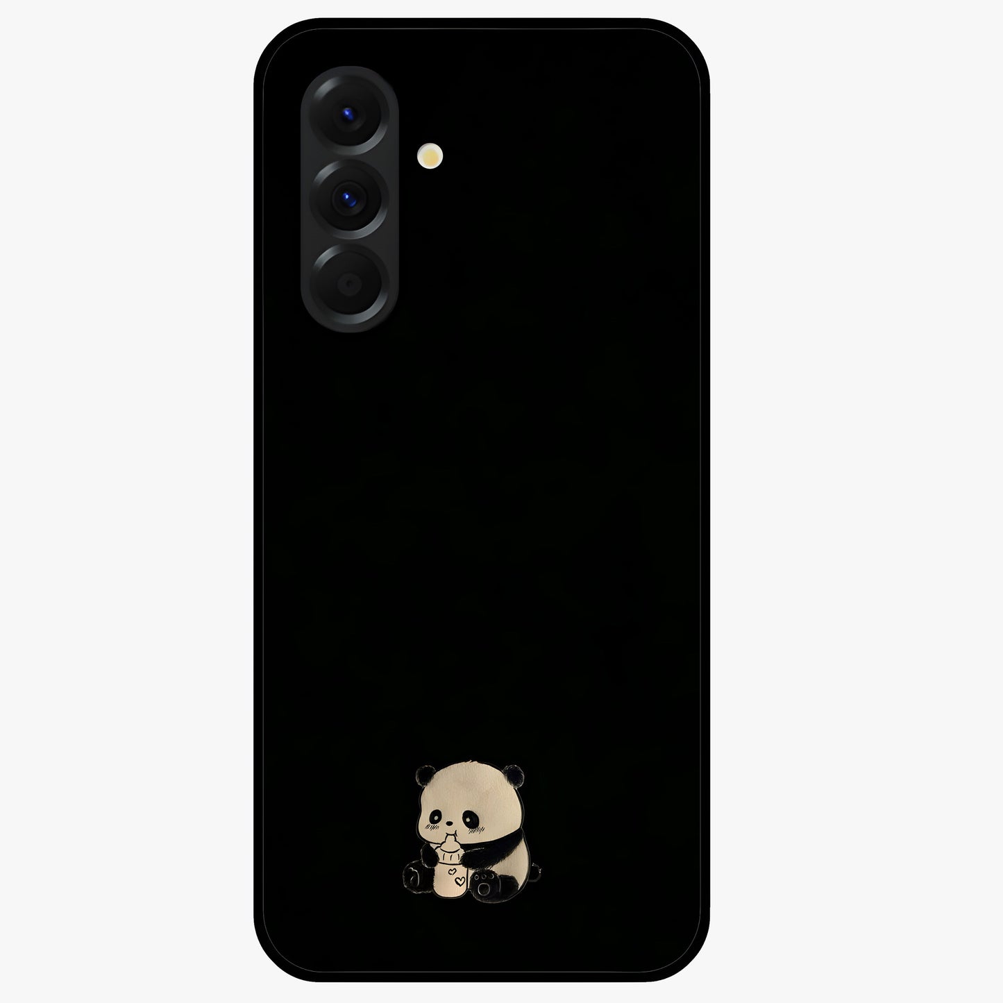 Midnight Panda Love Glass Case showing flat back view with cute panda themed artwork and glossy glass finish.