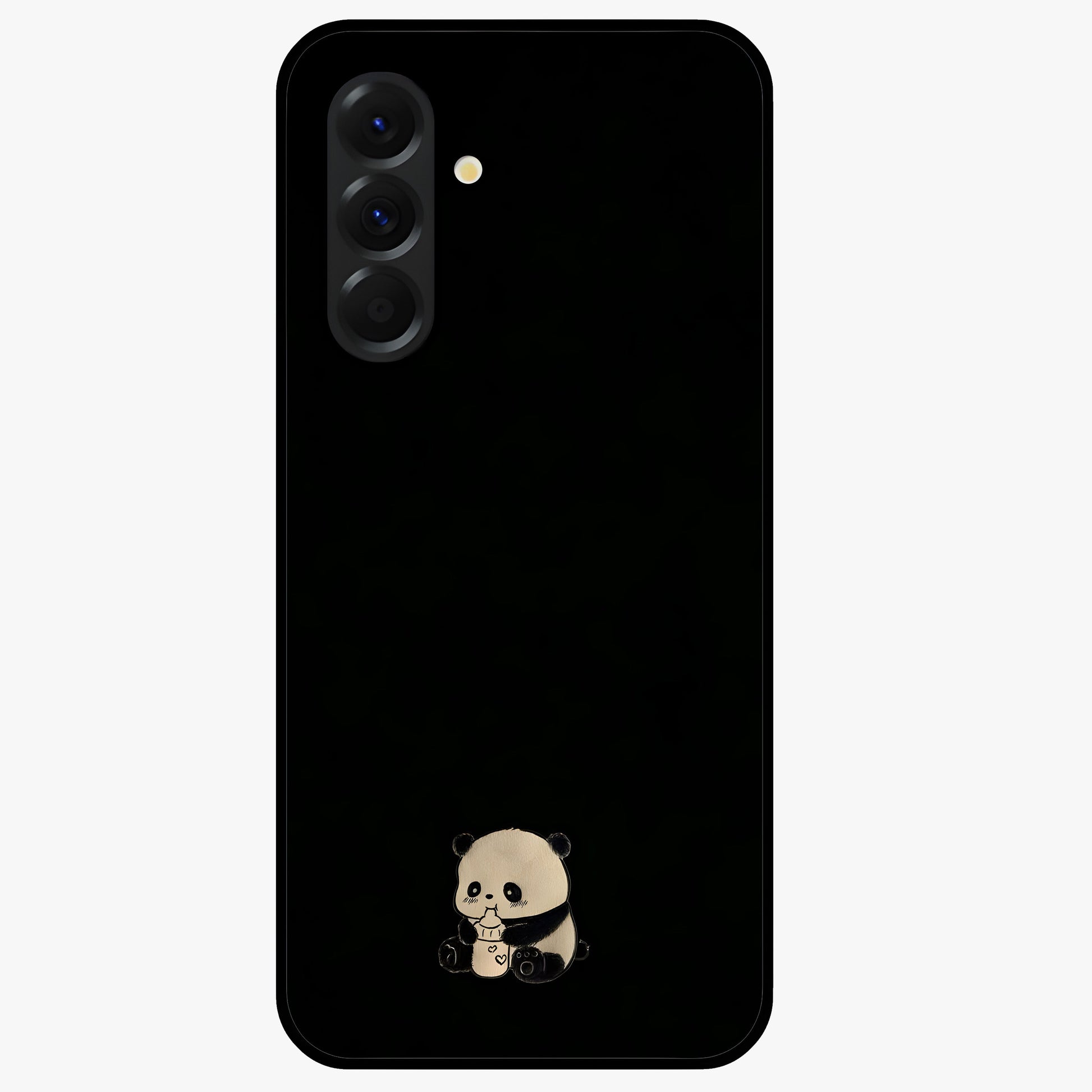 Midnight Panda Love Glass Case showing flat back view with cute panda themed artwork and glossy glass finish.