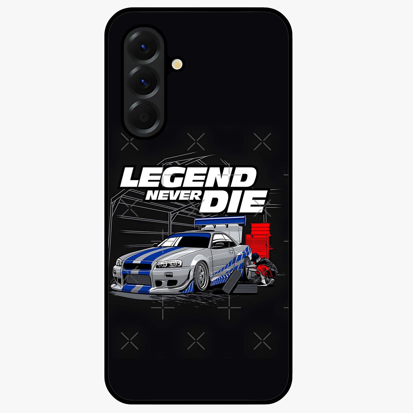 Midnight Racing Legacy Glass Case showing flat back view with sleek racing inspired artwork and glossy glass finish.