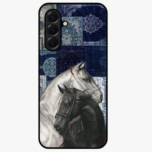 Midnight Stallion Blues Glass Case showing flat back view with majestic horse artwork and glossy glass finish.