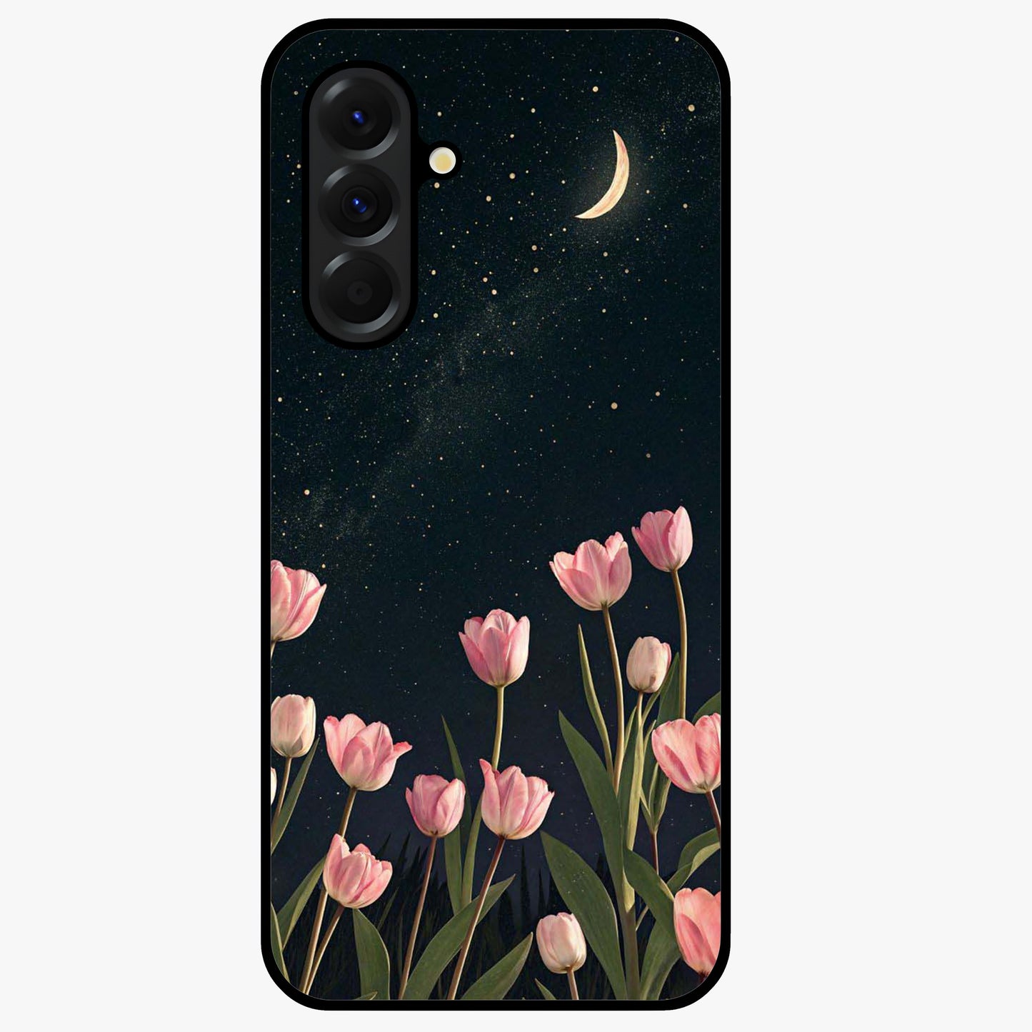Midnight Tulip Whispers Vibe Glass Case showing flat back view with elegant tulip flower artwork and glossy glass finish.