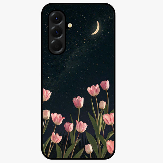 Midnight Tulip Whispers Vibe Glass Case showing flat back view with elegant tulip flower artwork and glossy glass finish.