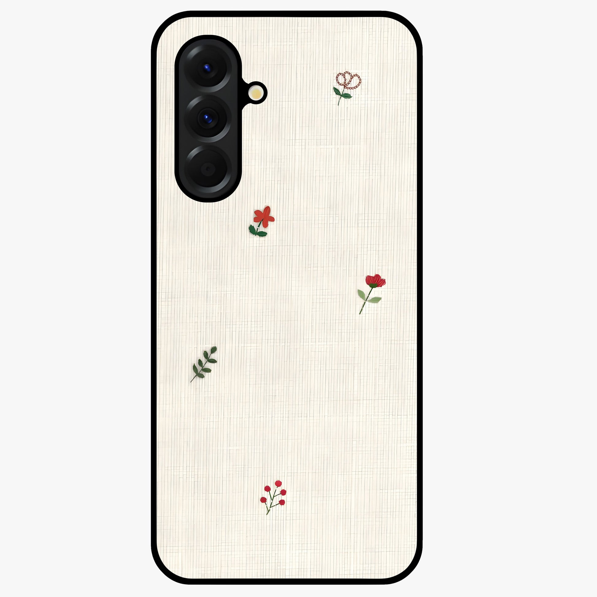 Minimal Petal Whispers Glass Case showing flat back view with soft minimal floral artwork and glossy glass finish.