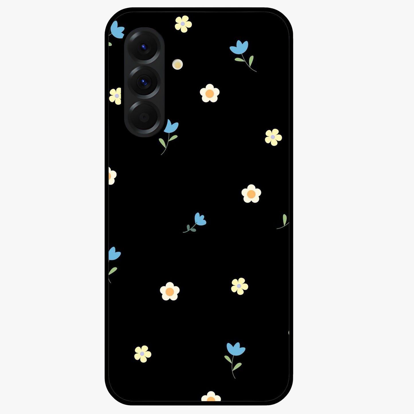 Minimalistic Blue With White Flower Pattern Glass Case showing flat back view with blue background and white flower pattern and glossy glass finish.