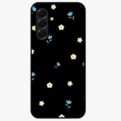 Minimalistic Blue With White Flower Pattern Glass Case showing flat back view with blue background and white flower pattern and glossy glass finish.