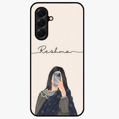 Mirror Mood Muse With Custom Name Glass Case showing flat back view with stylish mirrored artwork and personalized name design.