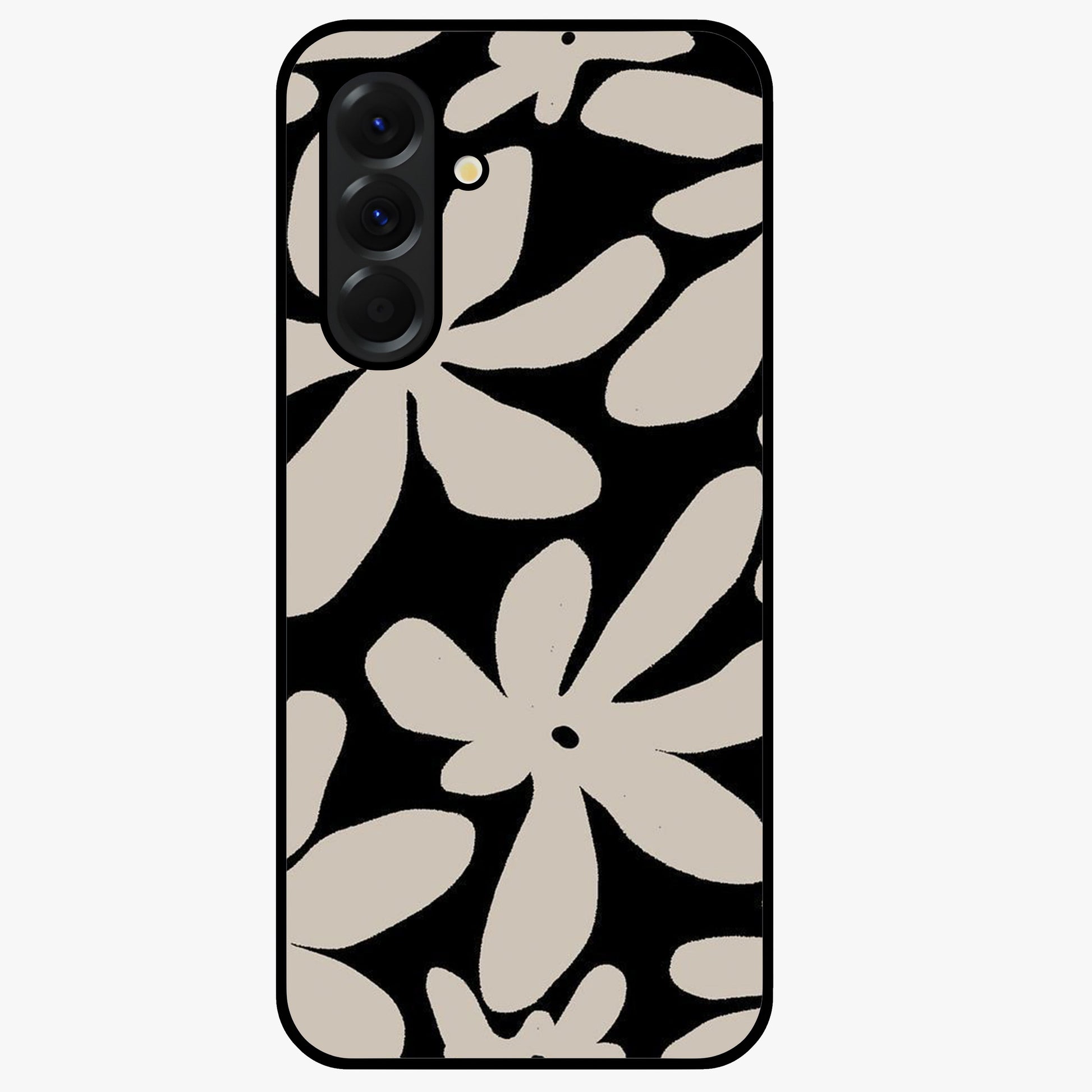 Monochrome Petal Dance Glass Case showing flat back view with monochrome floral artwork and glossy glass finish.