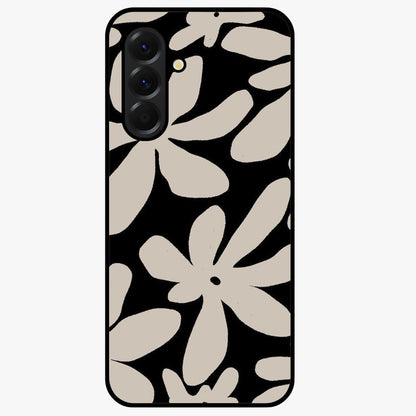 Monochrome Petal Dance Glass Case showing flat back view with monochrome floral artwork and glossy glass finish.