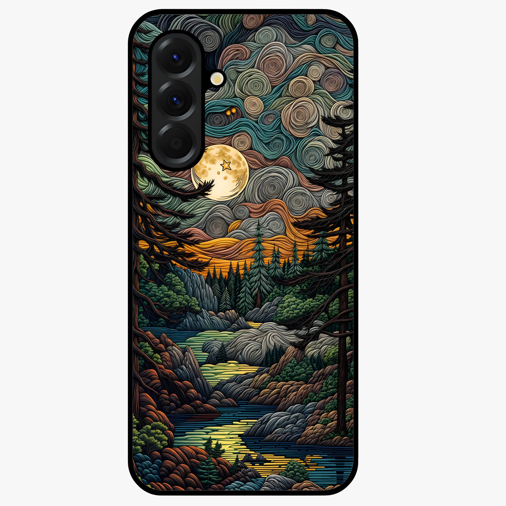 Moonlight Forest Dream Glass Case showing flat back view with mystical forest moonlight artwork and glossy glass finish.