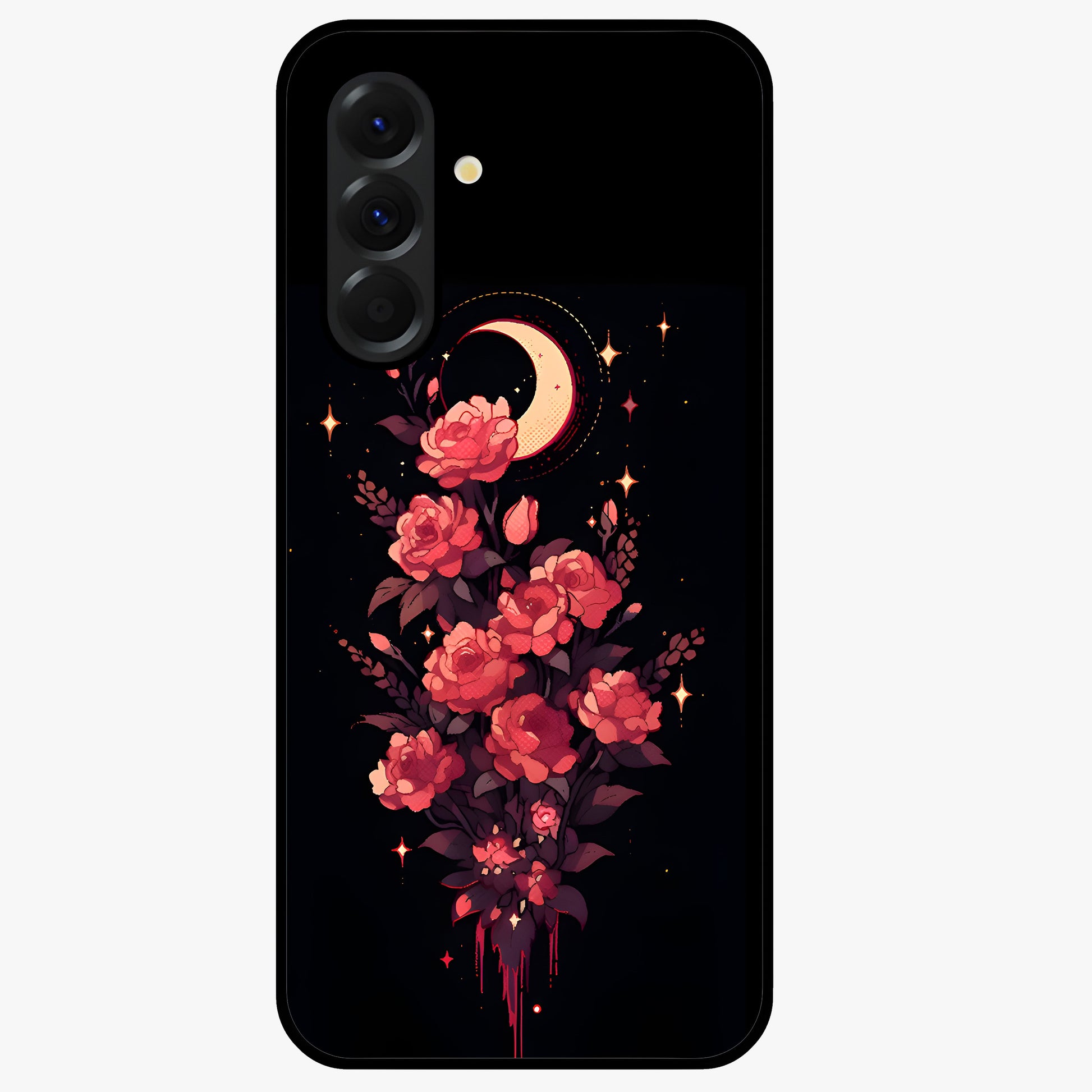 Moonlit Floral Elegance Glass Case showing flat back view with elegant floral artwork under moonlit tones and glossy glass finish.