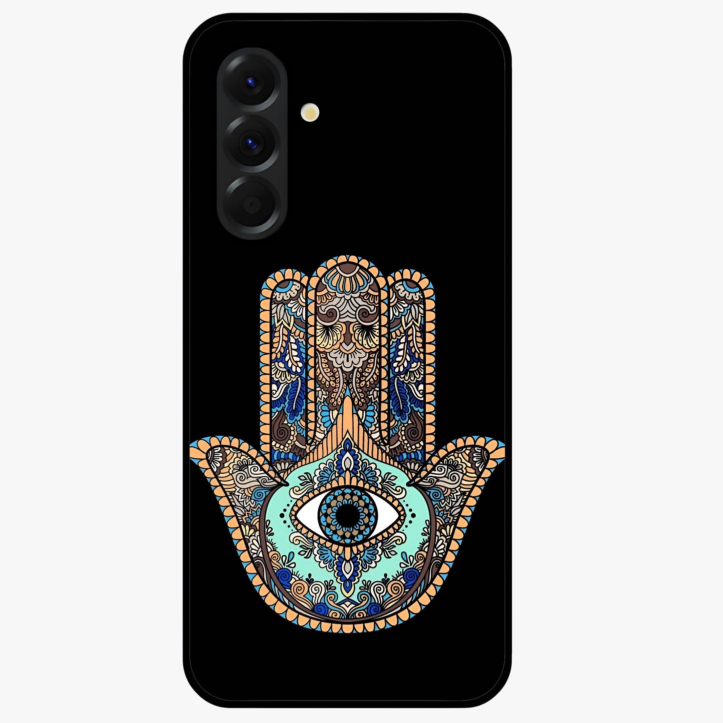 Mystic Hamsa Eye Glass Case showing flat back view with protective hamsa hand and evil eye artwork and glossy glass finish.