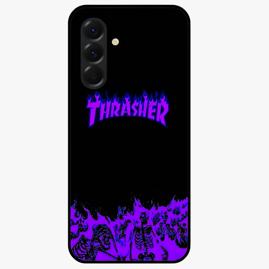 Neon Flame Riot Glass Case showing flat back view with neon flame artwork and glossy glass finish.