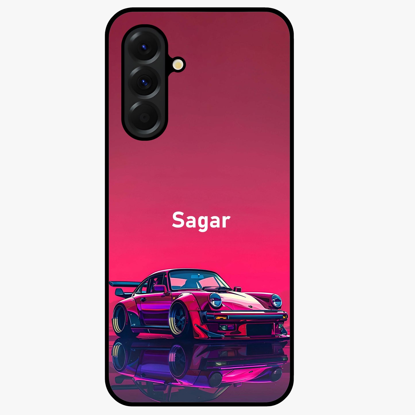 Neon Pink Porsche Glass Case showing flat back view with stylish sports car artwork and glossy glass finish.