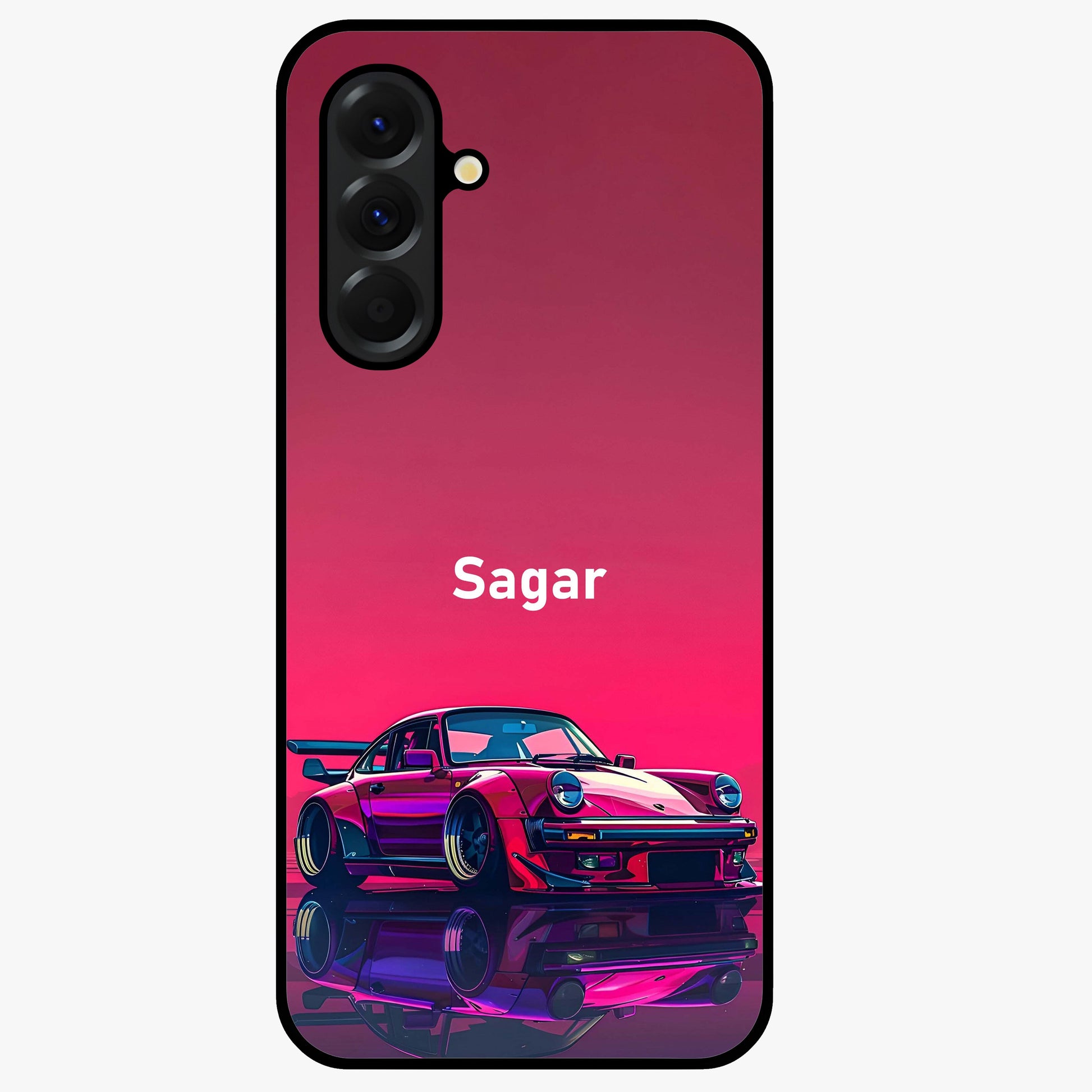Neon Pink Porsche Glass Case showing flat back view with stylish sports car artwork and glossy glass finish.
